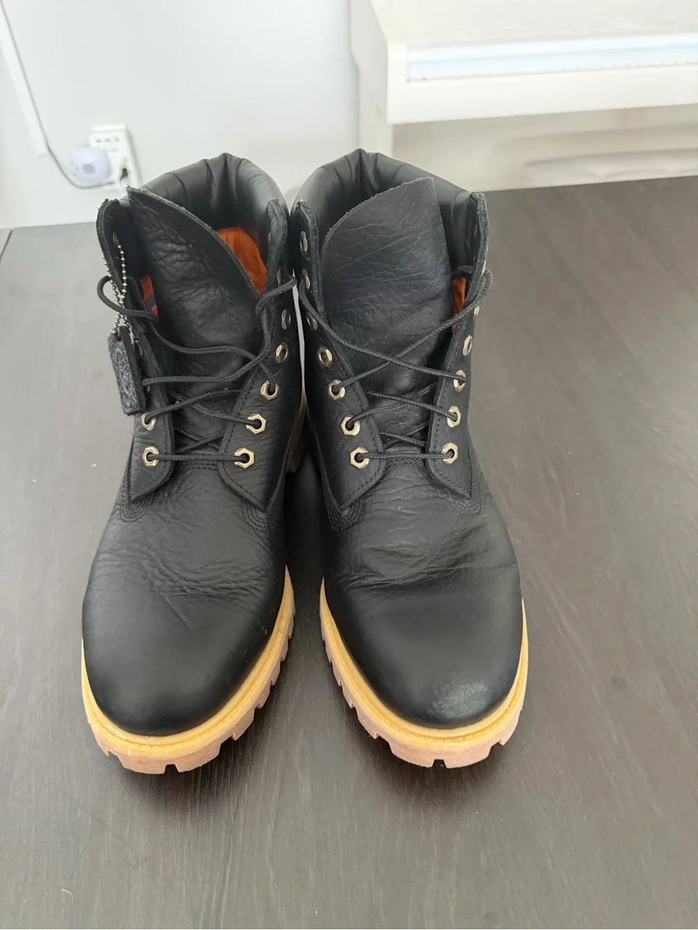 Timberland Black Work Boots with Orange Lining